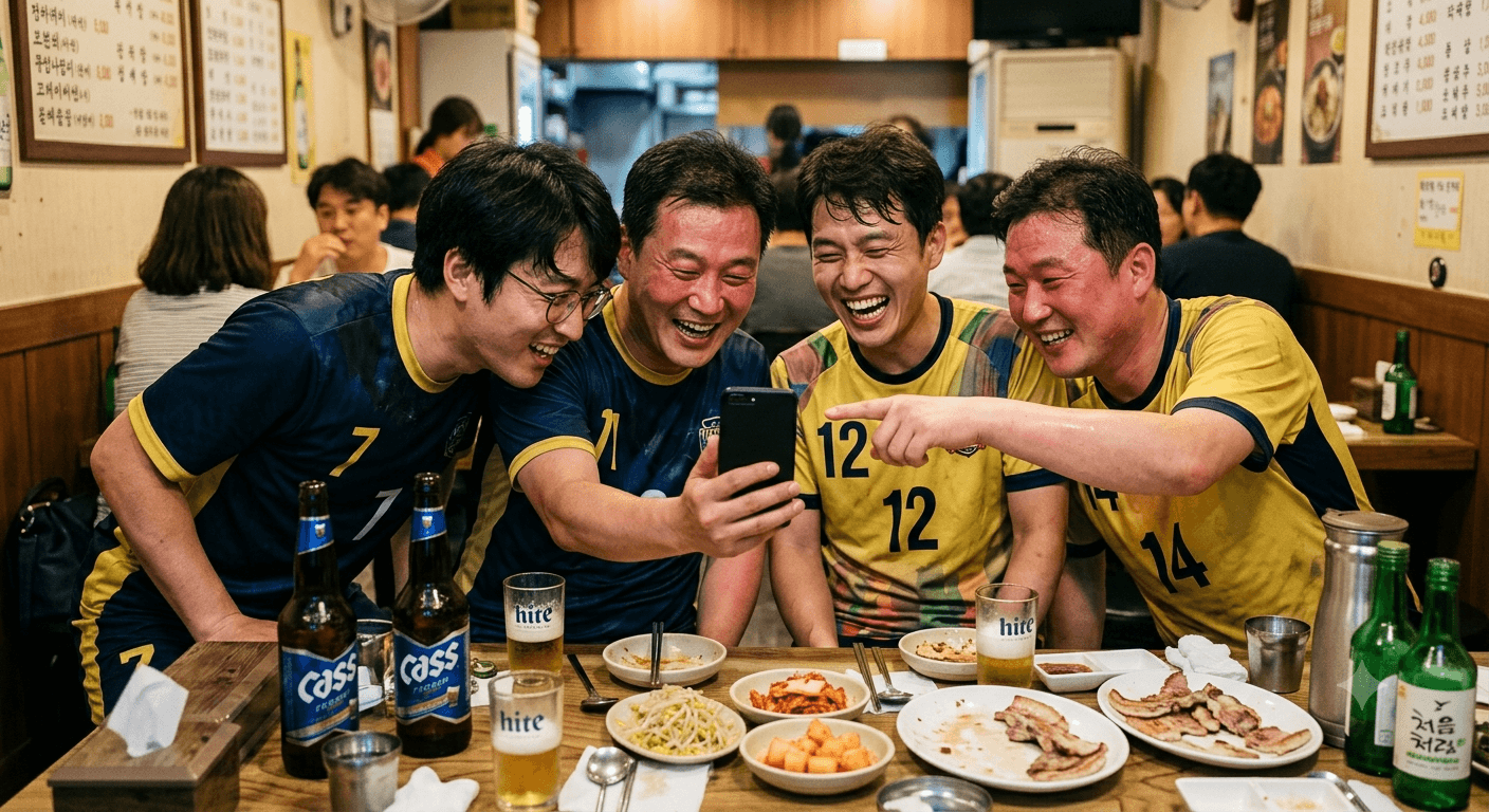 회식 자리에서 폰을 보는 동호회원들